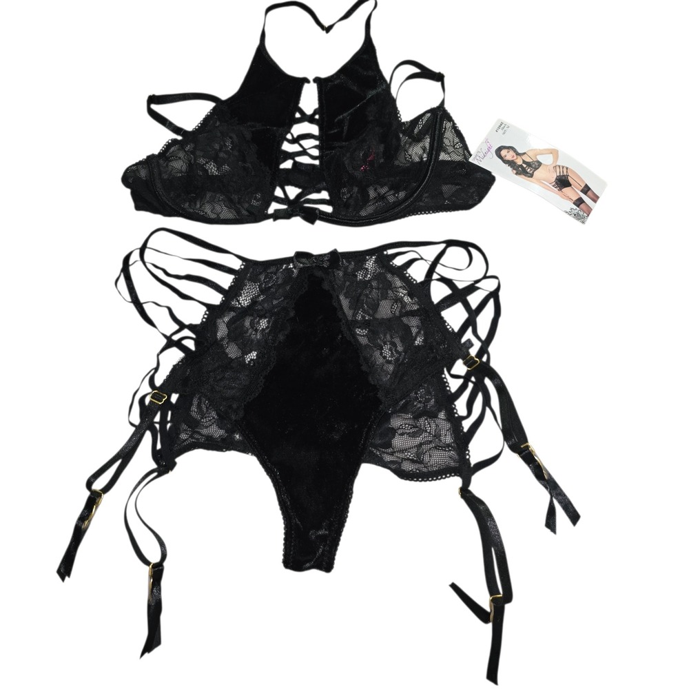 Seven‎ til Midnight Black Lace Velvet Garter Lingerie Set 10945 XLarge Womens